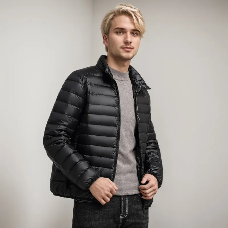 Casaco puffer casual masculino para todas as temporadas, Casacos masculinos, Portátil, Leve, Impermeável, Ultra Leve, Pato Branco, 2021