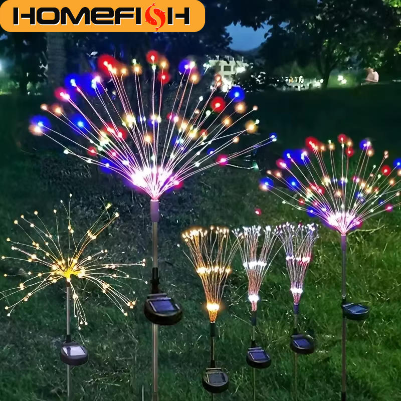 Lampes solaires HOMEFISH NEW 200LEDs en forme de feux d'artifice, pour extérieur, étanches, pour jardin, 8 modes d'éclairage avec télécommande, décoration