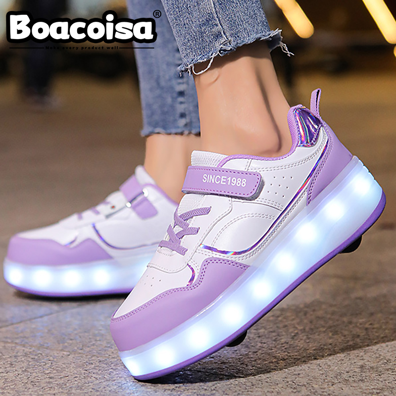 Boacoisa 4 Wheel Roller Skate Shoes For Girls Kids Flashing Light Sport LED Light Luminous Sneakers Outdoor Casual Children Boys
