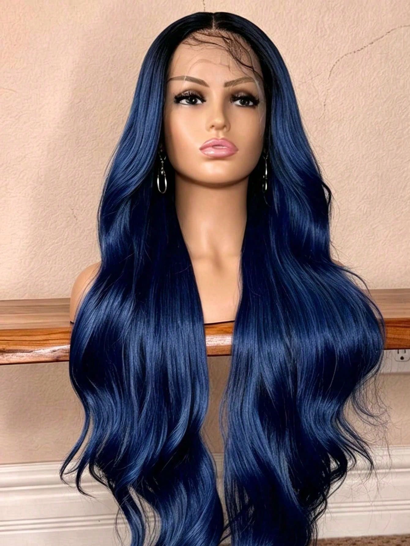 Perruques Lace Frontal Ombre Bleu Foncé pour Femmes, Densité 200, Perruques Lace Front Ondulées en Cheveux Humains, Perruque Lace Frontale HD Transparente 13x4, Perruques Sans Colle, Pré-épilées avec Ligne de Cheveux Naturelle et Baby Hair, Perruques Bleu