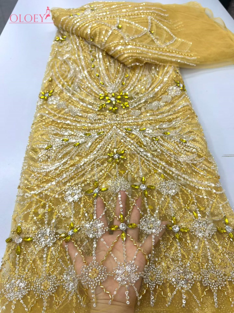 OLOEY Elegant African Nigerian Diamond Beaded Lace High-End Luxury French Sequins Mesh Lace Fabric Women Evening Dress Party