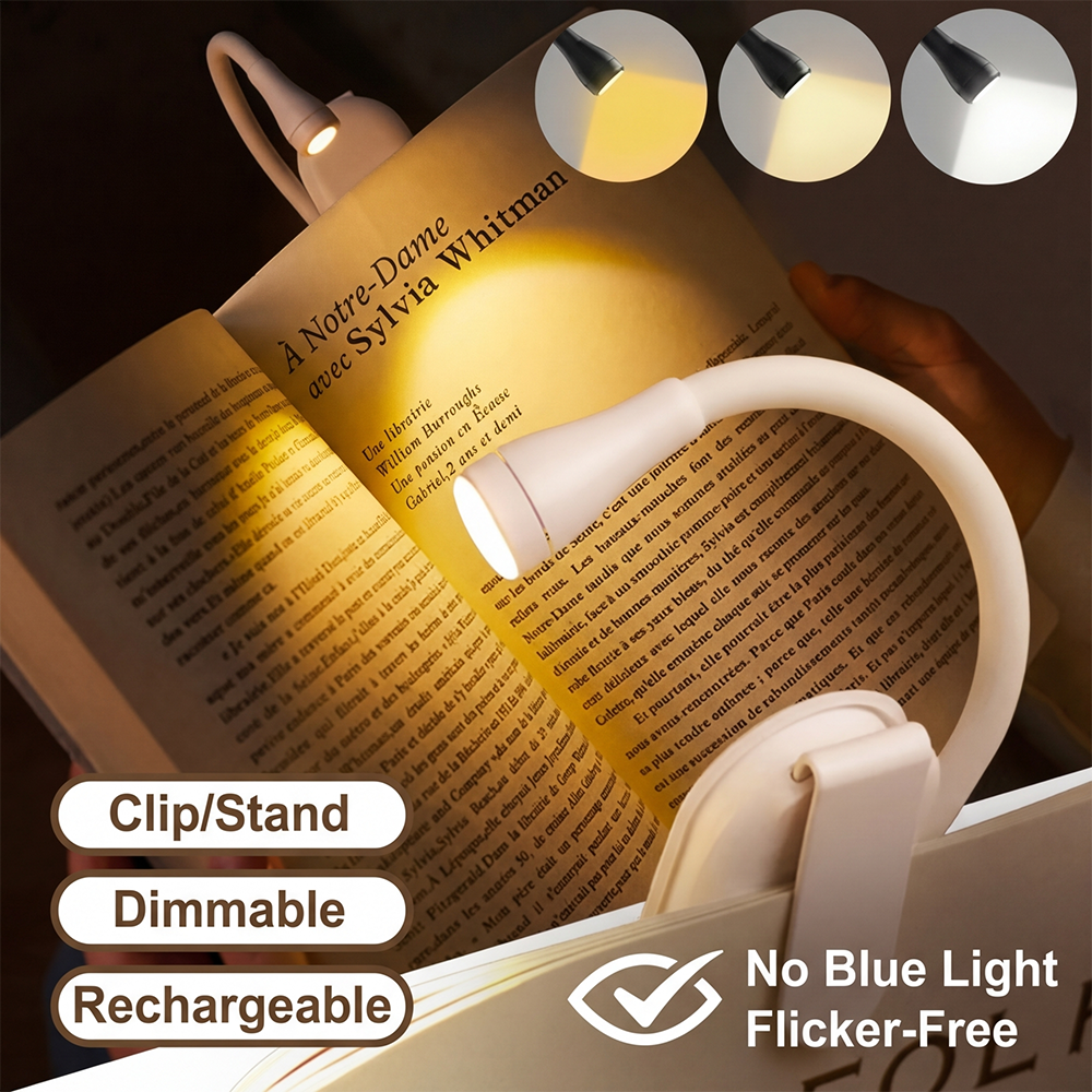 Luz de Lectura LED Recargable por USB, Mini Lámpara de Libro con Clip, Luz Nocturna para Cama, Regulable, Protección Ocular, Lámpara de Escritorio para Niños