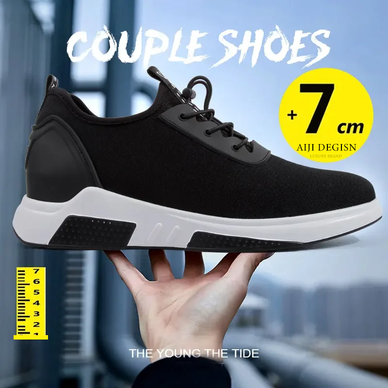 Breathablesneakers sepatu lift penambah tinggi pria, sepatu angkat kasual 8cm 6cm hak tersembunyi tembus udara untuk pria