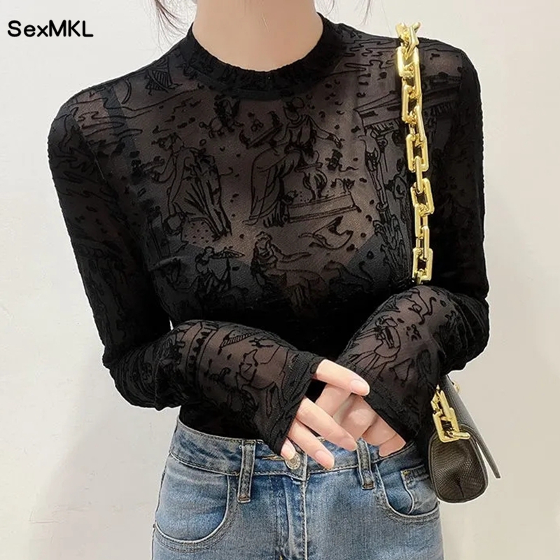Top Estivi Neri Sexy 2026, Eleganti Bluse a Maniche Lunghe Streetwear, Abbigliamento Moda Coreana, Bluse Trasparenti Stampate in Pizzo