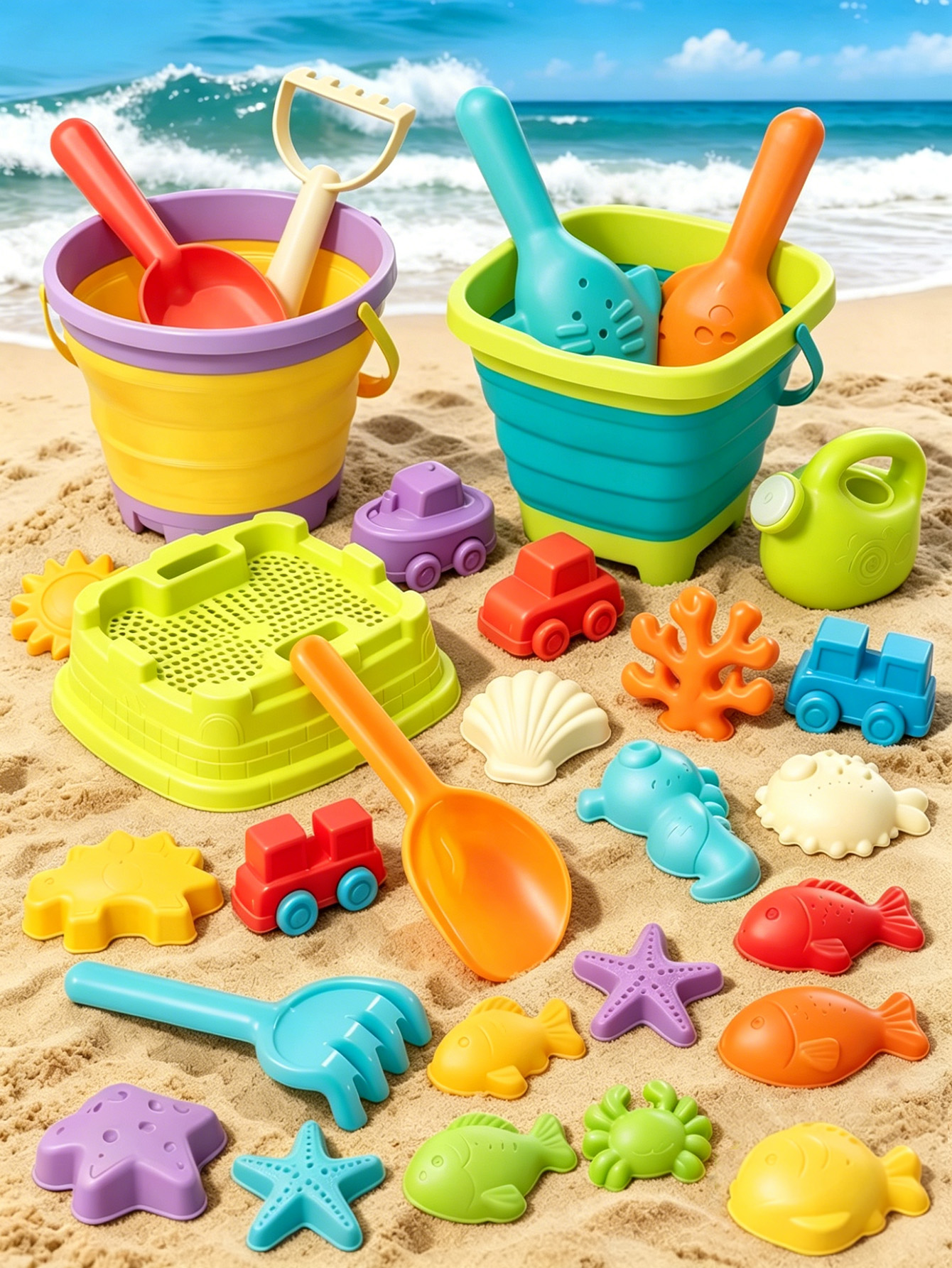 Juego de juguetes de playa, cubo plegable para niños, juego de playa y piscina de arena para el verano, excelentes herramientas de juego al aire libre para niños y niñas