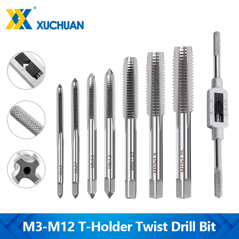 XUCHAUN Set kunci pas keran 6/8/9 buah, mata bor putar, alat Tap manual, pegangan T dapat disesuaikan, M3-M12