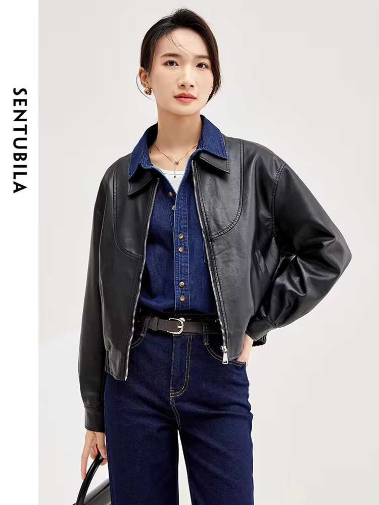 SENTUBILA-Chaqueta corta de piel sintética para mujer, Cazadora Bomber con solapa y cremallera, color negro, para otoño e invierno, W33G50291, 2023