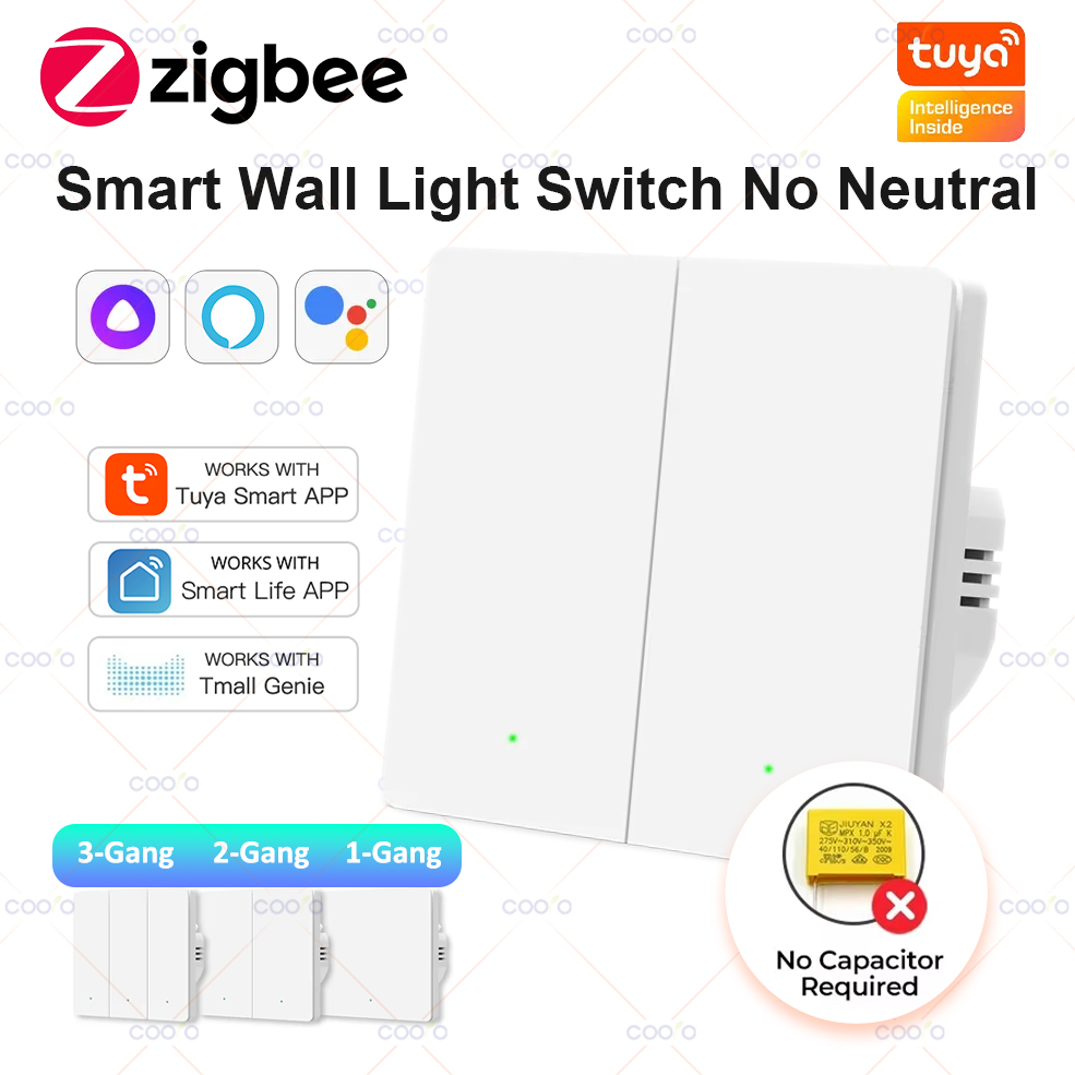 Умный выключатель света Tuya ZigBee, не нейтральный провод, конденсатор не требуется, настенный кнопочный переключатель 1/2/3 Gang работает с Alexa Google