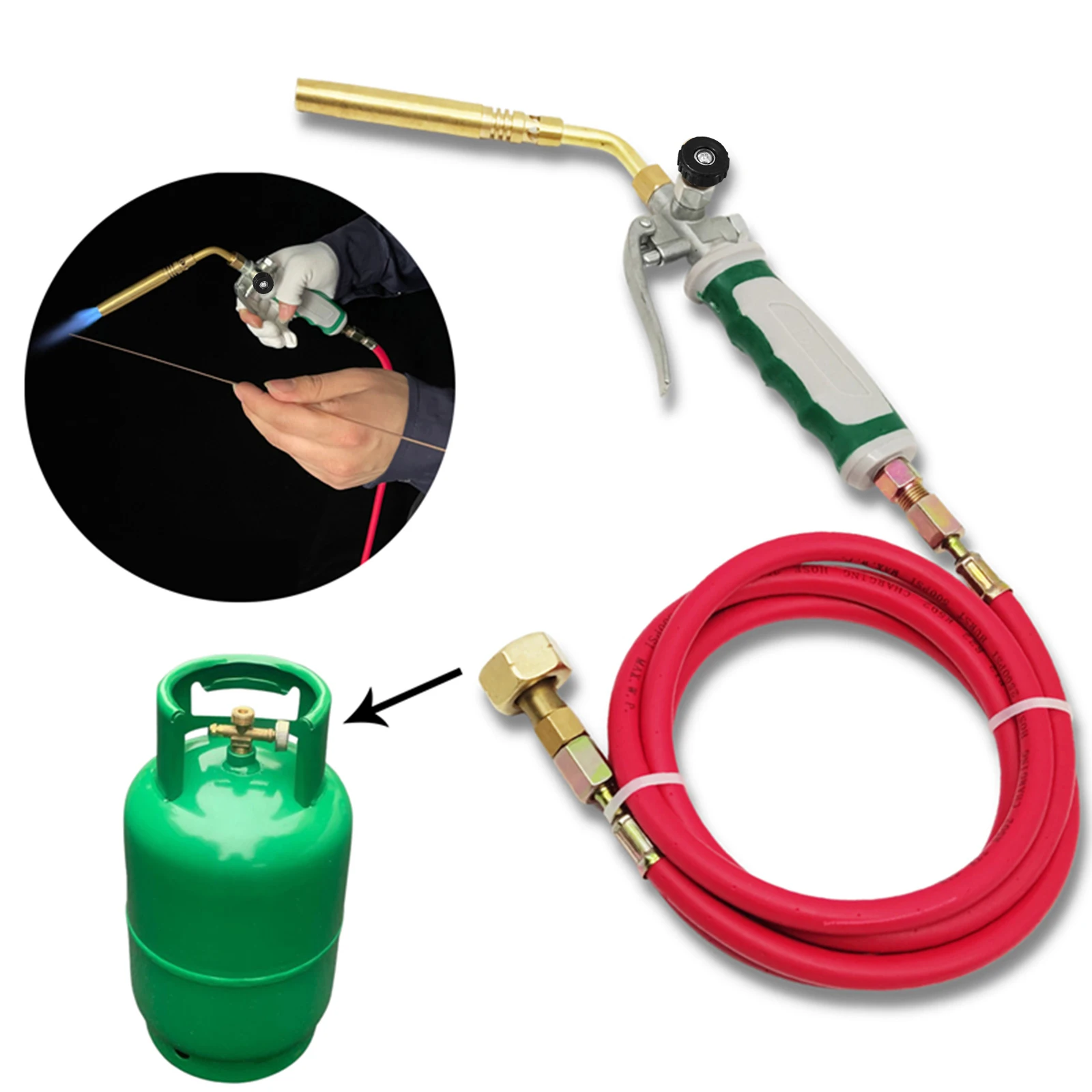 Lanciafiamme MAPP stile tedesco Doppio interruttore Bruciatore portatile a gas liquefatto Fiamma a spirale con tubo in gomma da 1,6 m Attrezzatura per saldatura