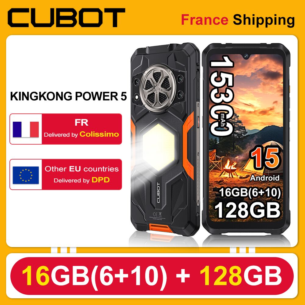 Wytrzymały smartfon CUBOT KingKong Power 5 G100 z Androidem 15, bateria 15300mAh, ekran 6.88 cali 120Hz, 16GB RAM (6+10), 128GB ROM, 64MP, funkcja lampy kempingowej.