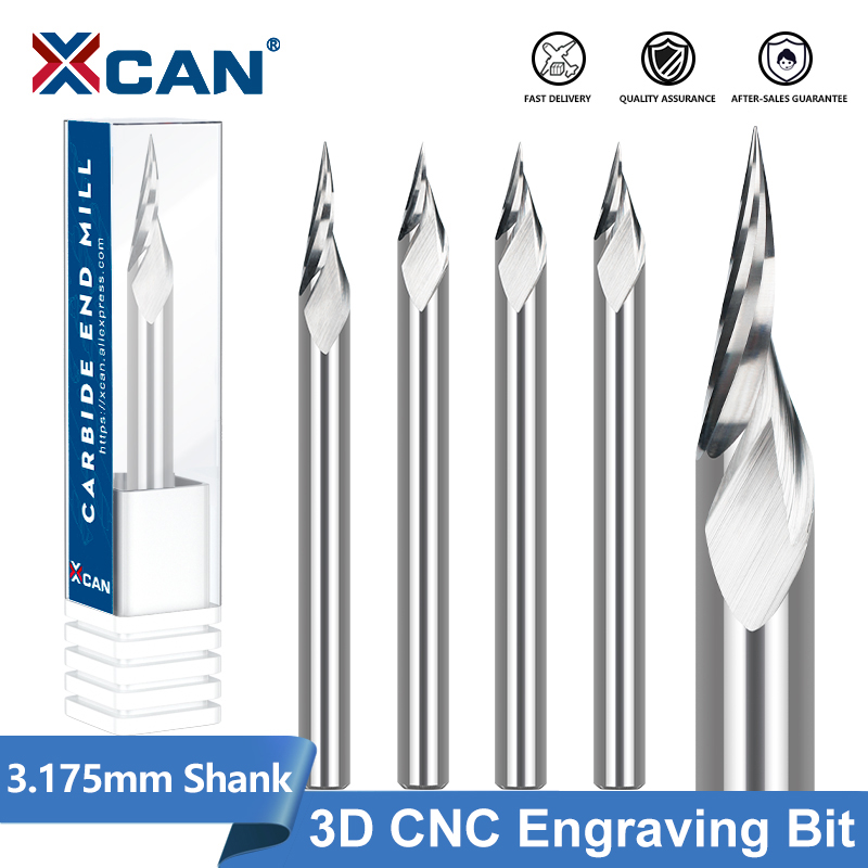 Xcan pcb gravura bit 3.175mm haste v forma escultura bits 10-30 graus carboneto cnc roteador bit derrubado 0.1mm 3d fresa