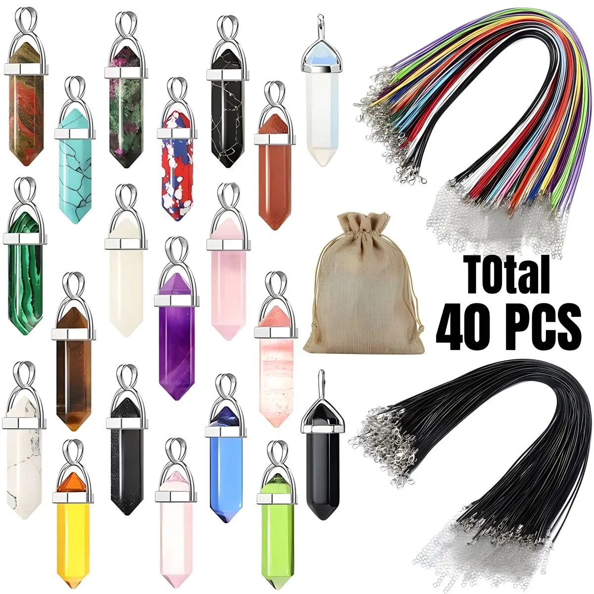 40ชิ้น/30ชิ้นจี้คริสตัลสังเคราะห์จักระหกเหลี่ยมหินควอทซ์แหลมพร้อมกระเป๋าเก็บสร้อยคอลูกปัดหนัง