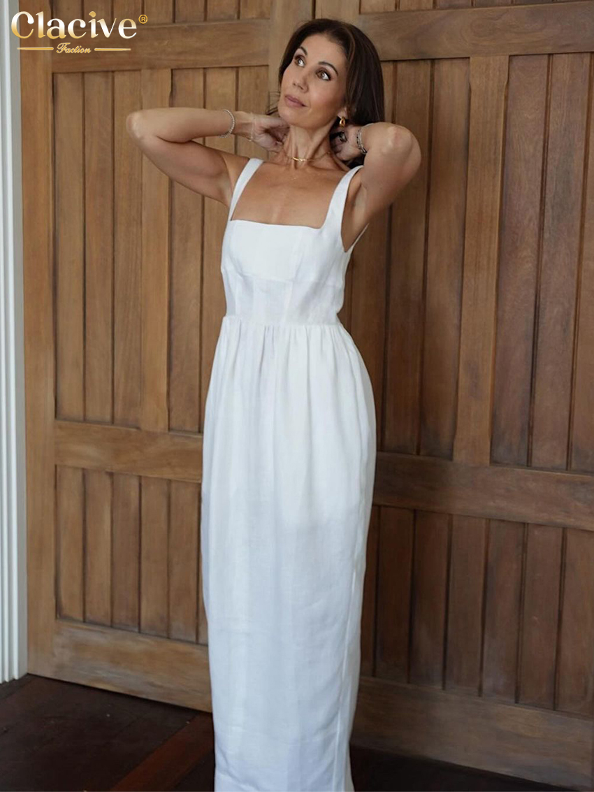 Clacive Sexy Slanke Witte Katoenen Vrouwen Jurk Mode Vierkante Kraag Mouwloze Enkel Lengte Jurken Elegante Hoge Taille Vrouwelijke Jurk