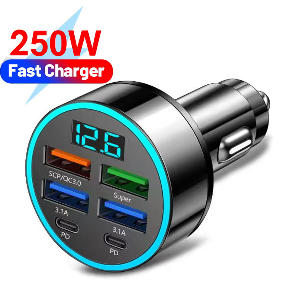 Ładowarka samochodowa 250W 4USB QC3.0 PD Type-C z cyfrowym wyświetlaczem, ładowarka samochodowa 3.1A z detekcją napięcia, wieloportowy adapter samochodowy.