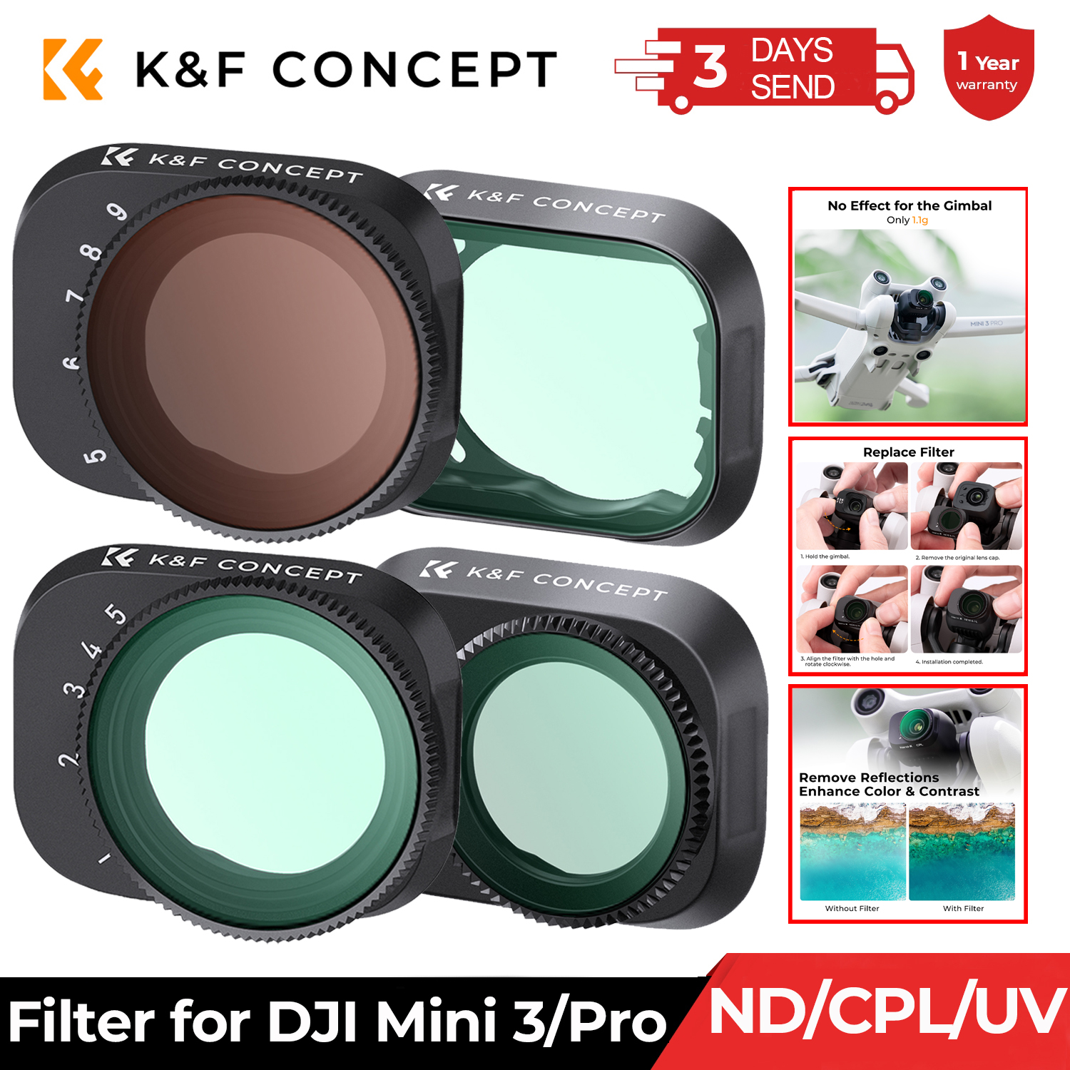 Filtre de drone K&F CONCEPT pour DJI Mini 3 Pro & Mini 3 UV/CPL/ND2-ND32/ND32-ND512, filtre de lentille optique en verre à revêtement variable pour caméra