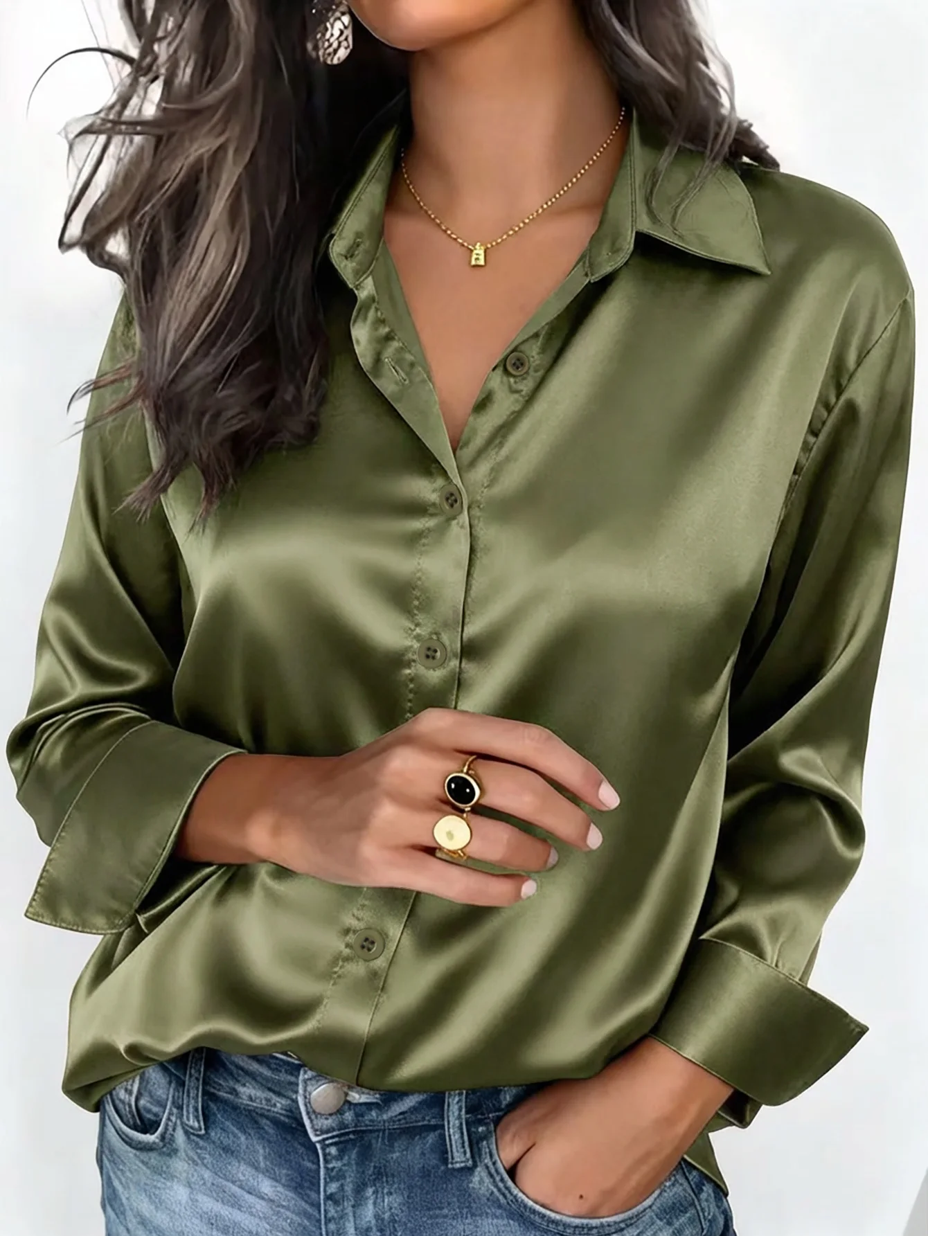 Satin-Finish Langarm-Hemden Oberteile Mode Damen Einreihig mit Revers Neue Blusen Lässige Büro-Damen Pendler-Mode Französische Oberbekleidung