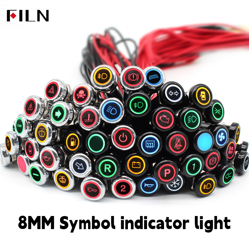 FILN 8mm symbole indicateur LED 12V 24V indicateur en métal noir tableau de bord voyant pilote avec fil voiture tableau de bord rond machines