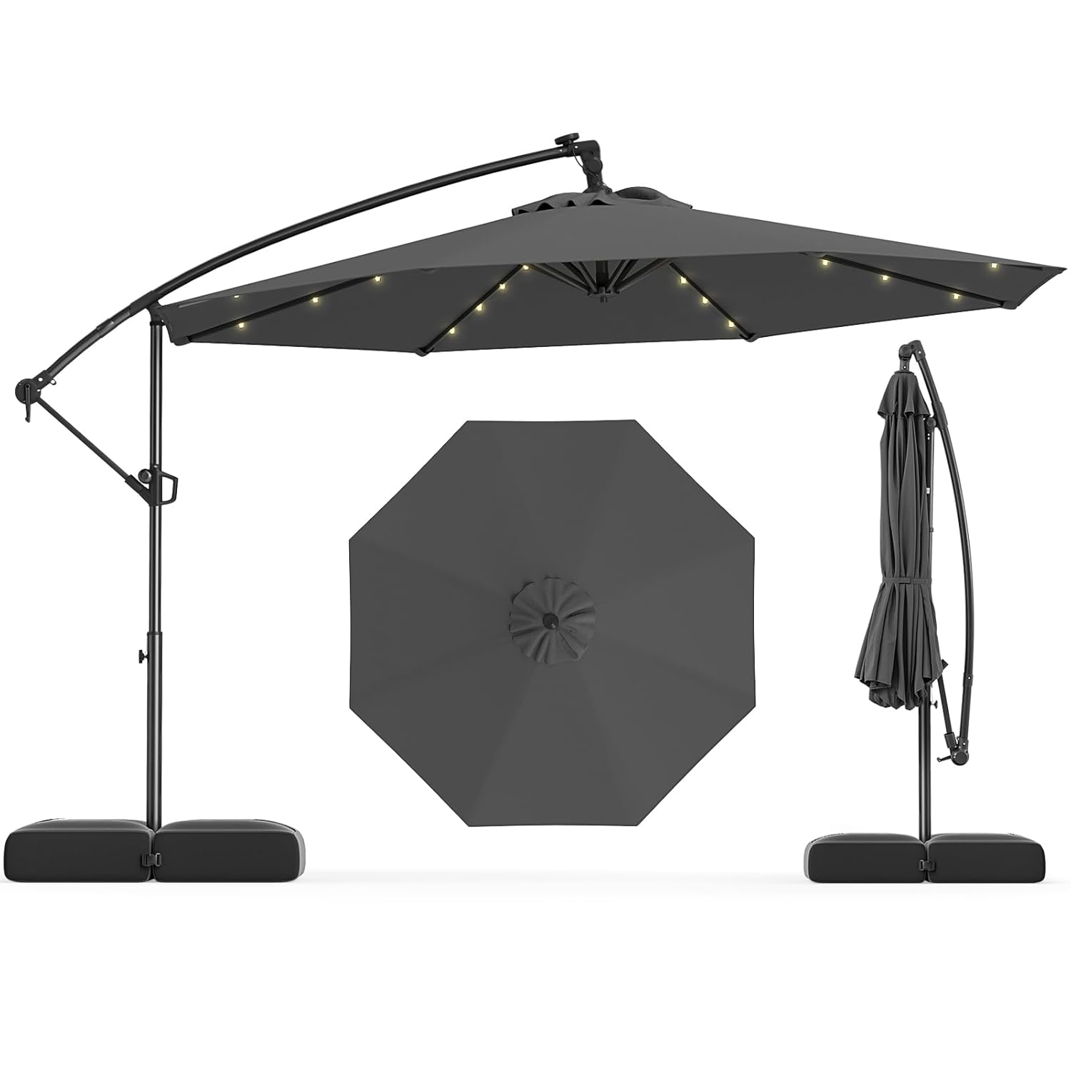 Parasol ogrodowy solarny 3m z podstawą w zestawie, parasol wypukły z boczną nogą i 32 diodami LED, nieskończona regulacja nachylenia, możliwość personalizacji.