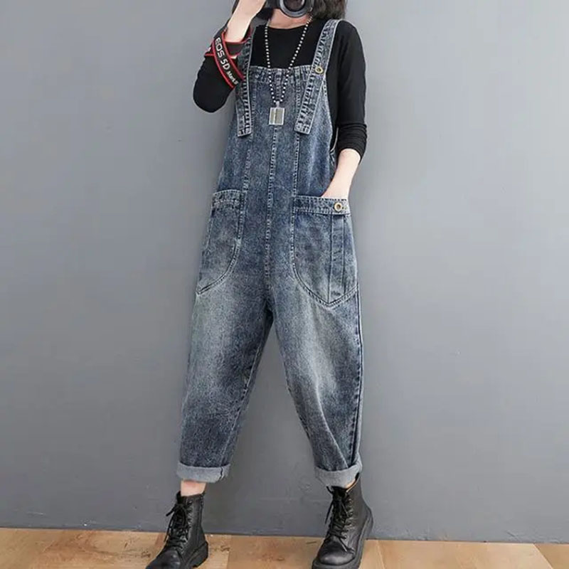 Salopette di jeans bianca da terra vintage da donna primavera autunno taglie forti pagliaccetti larghi a vita alta con gamba larga tendenza pagliaccetto da cowboy femminile