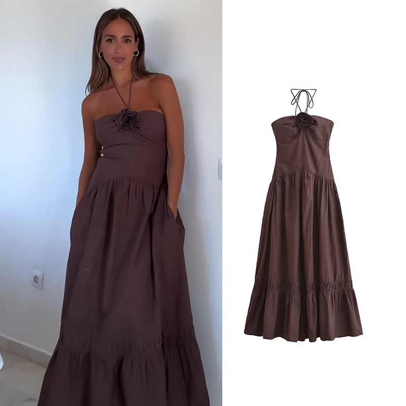 Vestidos de verão feminino 2025 novo chique tubo superior pendurado pescoço vestido de férias feminino rua moda festa vestido longo