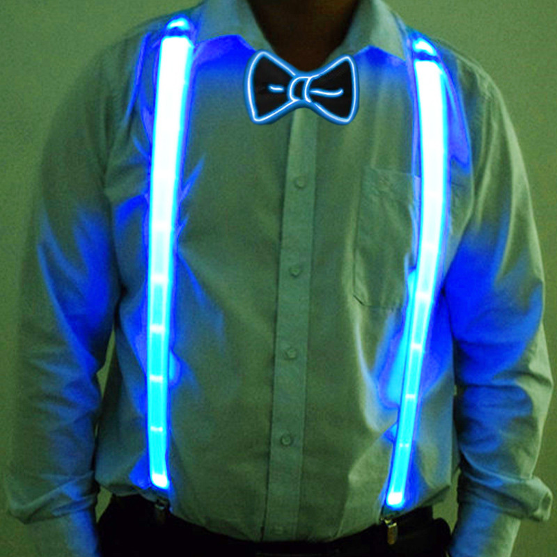 Suspensórios de led com gravata borboleta, 2 peças, suprimentos para festa, festival, dia das bruxas, acessórios para festa de casamento, materiais brilhantes no escuro