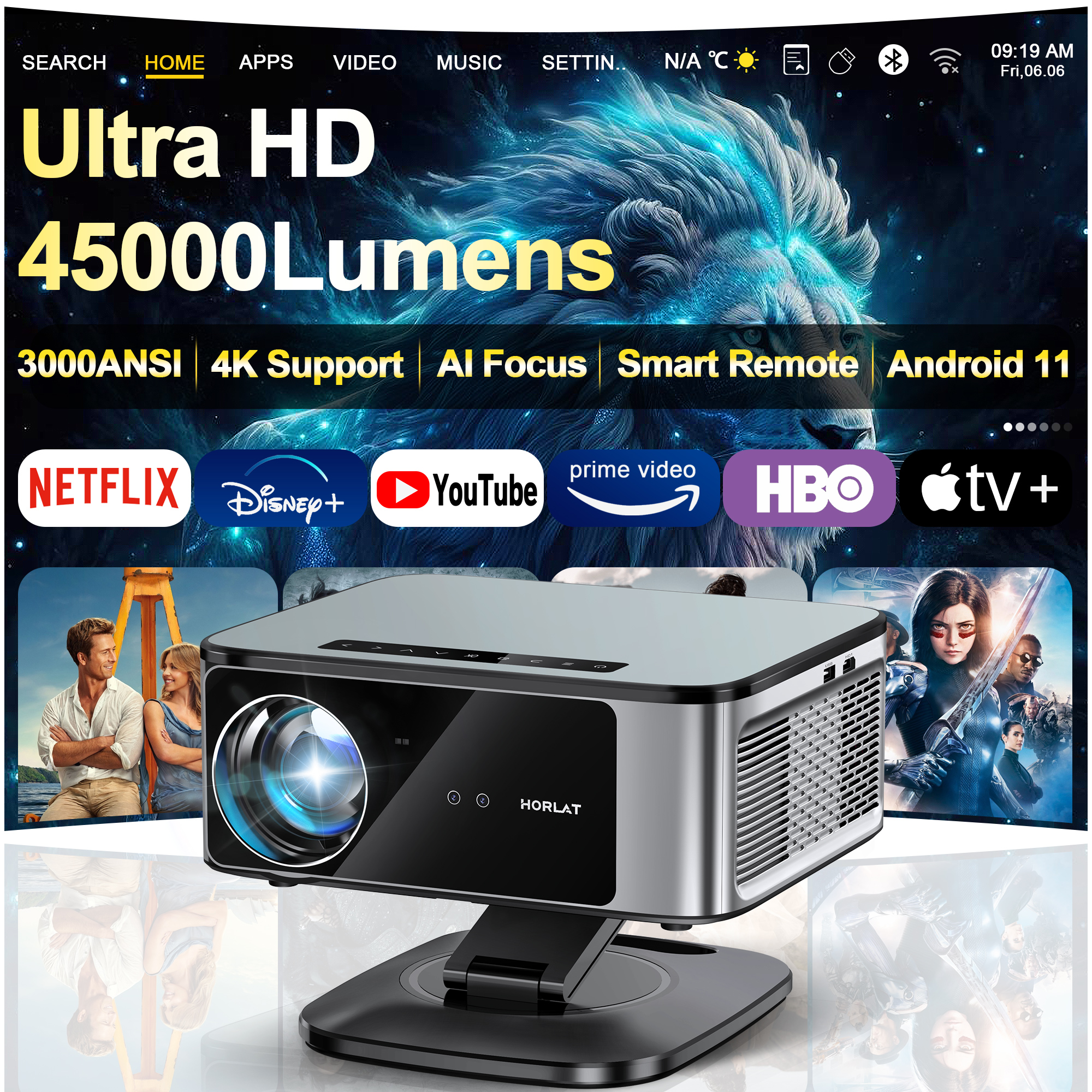 2025 HORLAT 45000ルーメン 4K UHDプロジェクター レーザーTOFフォーカス Android 14 WiFi 6 1080PフルHD デイライト対応 ホームシアター映画プロジェクター