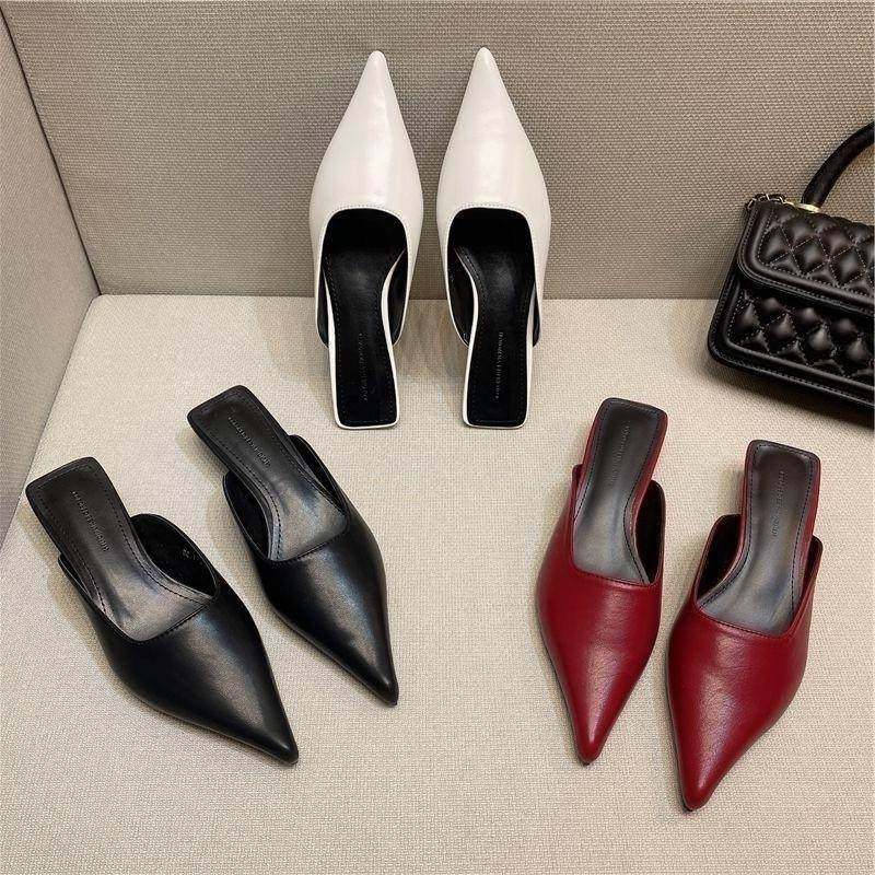 Sepatu Sandal Wanita Model Mules Hak Rendah Musim Semi/Panas, Fashion Cover Toe Slip On, Bahan Kulit Lembut untuk Pesta dan Acara Resmi