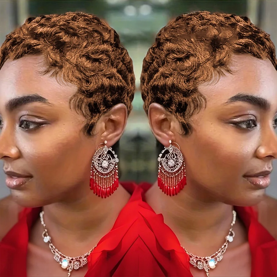 Short Pixie Cut Straight Human Hair Wig with Bangs 180% Density Brazilian Wig Basics Style Full Machine Made