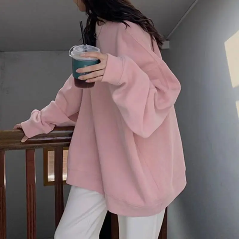 Felpe con cappuccio oversize rosa donna 2025 nuova primavera autunno felpe pullover con o-collo femminile stile coreano top a maniche lunghe sottili allentati