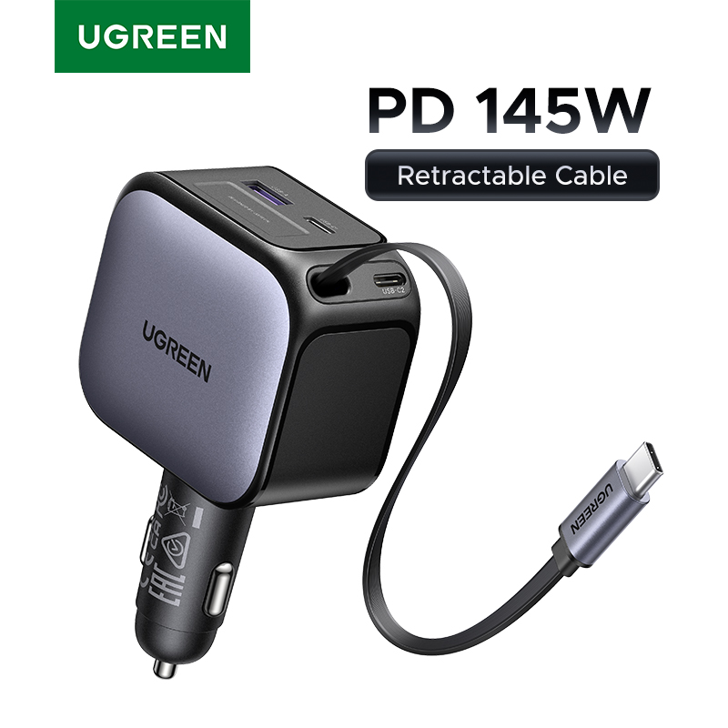 Ładowarka samochodowa UGREEN USB Type-C PD145W 90W 60W z wysuwanym kablem PD SCP AFC PPS Szybkie ładowanie do tabletu iPhone Samsung Xiaomi