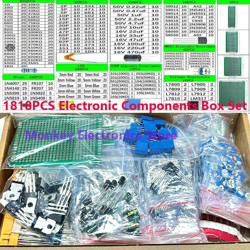 1818 pz componenti elettronici kit fai da te led pcb condensatore resistenza 2n2222 RM063 3296 W potenziometri ne555 lm317 Diodi monolitici