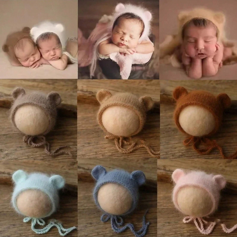 Rekwizyty do sesji noworodkowej Miękki Czapka Niedźwiedzia Zestawy Szydełkowa Czapka Dziana Czapka Moherowa dla Niemowląt Chłopców Dziewczynek Czapka Beanie Boże Narodzenie Halloween