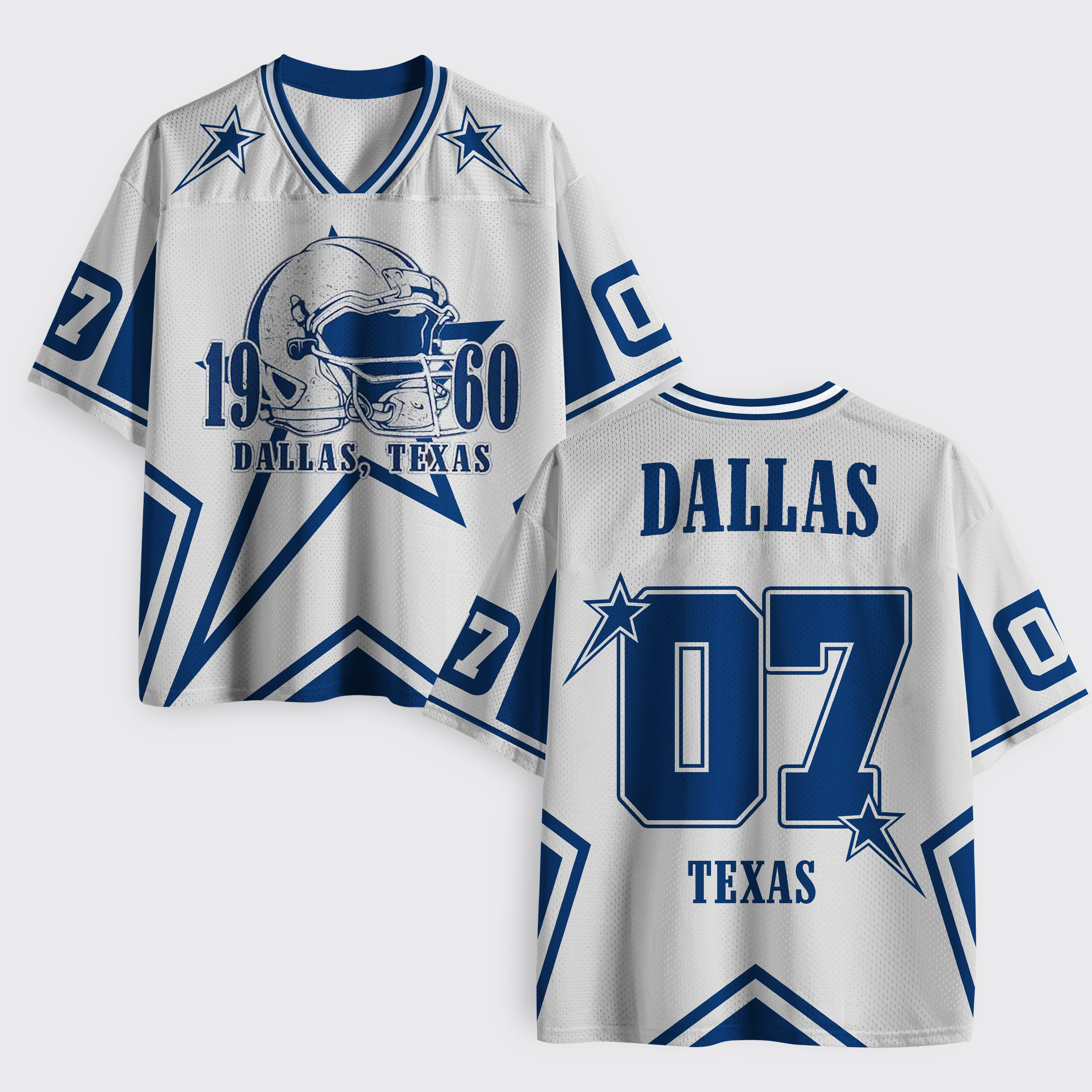 V Neck Mesh Jersey Blue Star Football Helmet Texas City Front Back Number 07 Short Sleeve Sports Tee