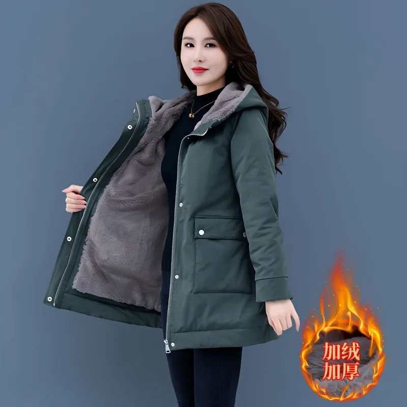 Chaqueta de invierno con forro de terciopelo y capucha para mujer, abrigos acolchados cálidos informales, Parka para la nieve, abrigo largo holgado para mujer 2024
