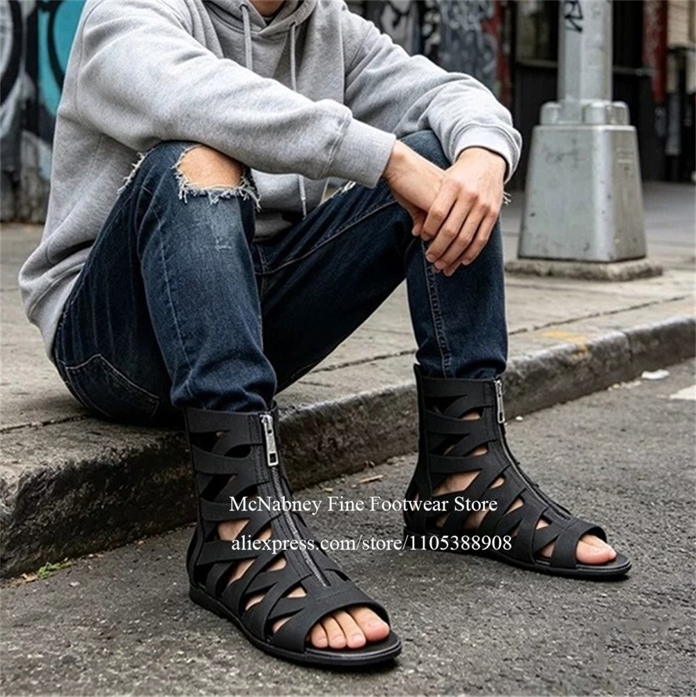 Kunstleer gladiator platte sandalen met ritssluiting aan de voorkant voor heren Romeinse platte sandalen met open teen Casual schoenen Streetwear heren zomerschoenen