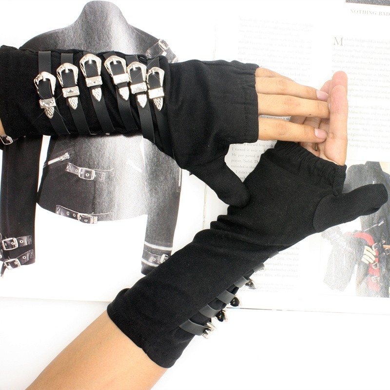 Handmade Punk Rock Roall Gloves Michael Jackson Tour Dirty Diana Armbraces Metal Buckle Black Cotton for Adults