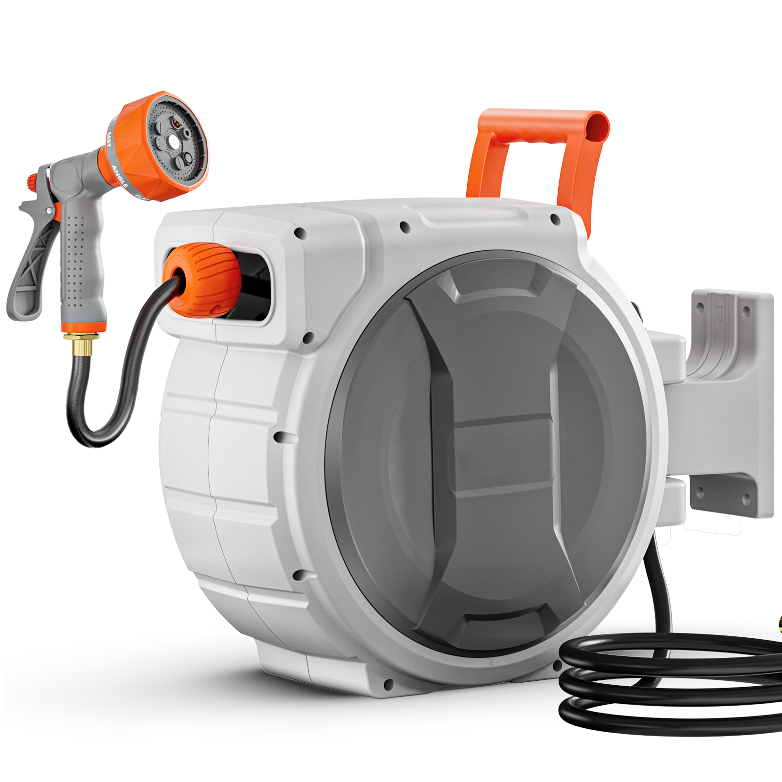 SucceBuy Reel Selang Taman Retraktil yang Dipasang di Dinding, Reel Selang Taman Heavy Duty dengan Nozzle 9 Pola 180 ° Braket Putar