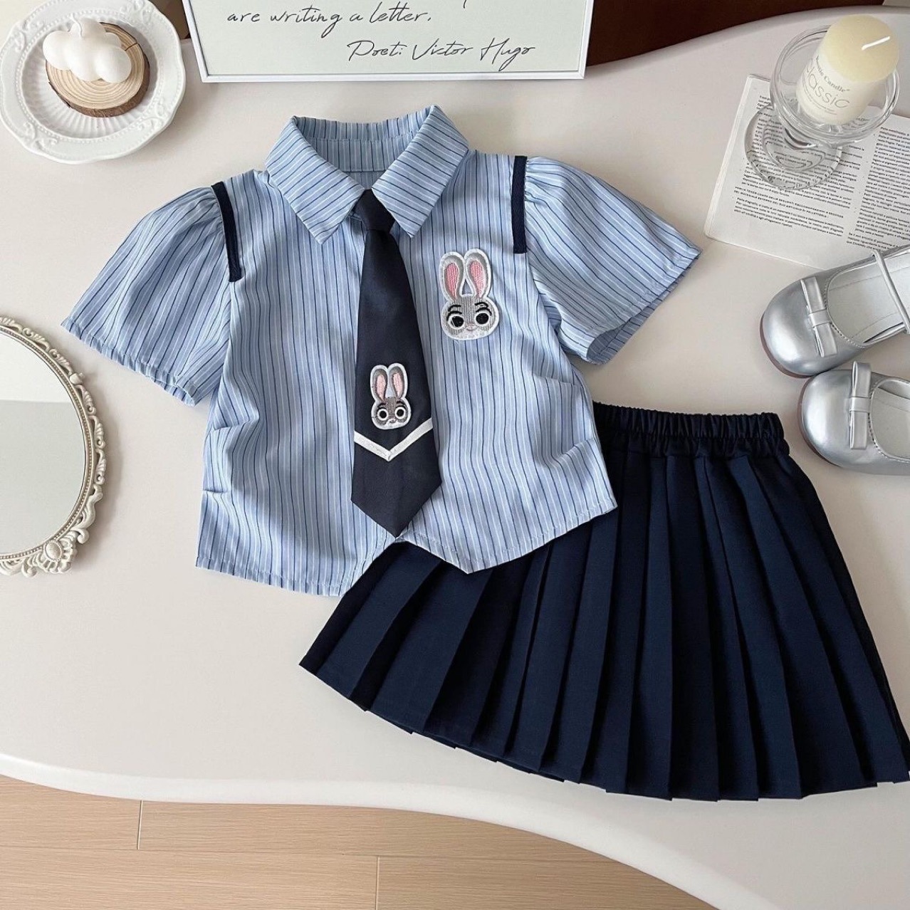 Zootopia Judy Summer Outfit Sets for Girls 2026 New Toddler Baby Casual Dress Suit Short Sleeve Striped Shirt Pleated Skirt 2PCS