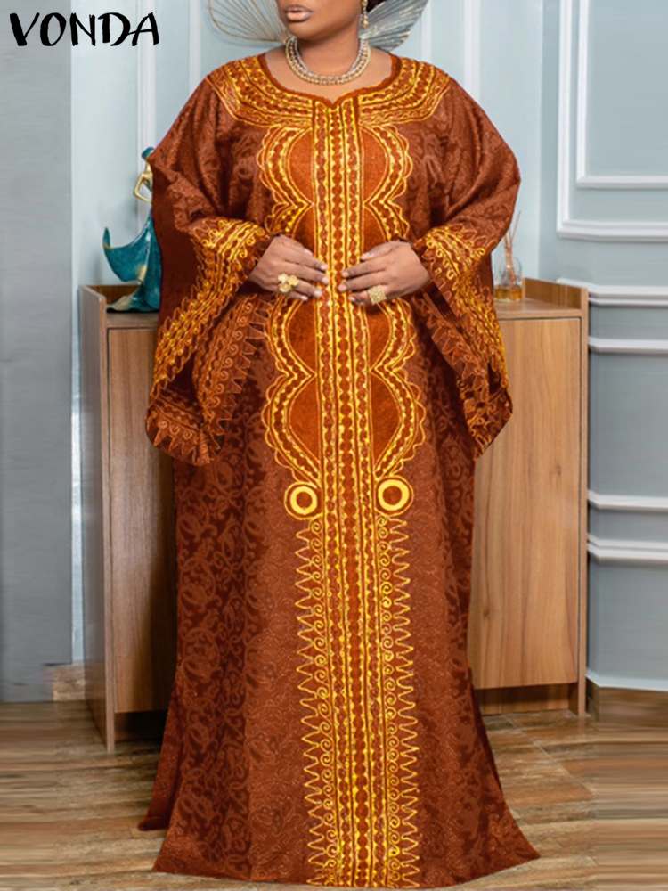 Plus Size Vonda Vrouwen Bohemian Lange Maxi Jurk Lange Flare Mouw Herfst Print Vestidos Vintage Casual Losse Oversized Zomerjurk