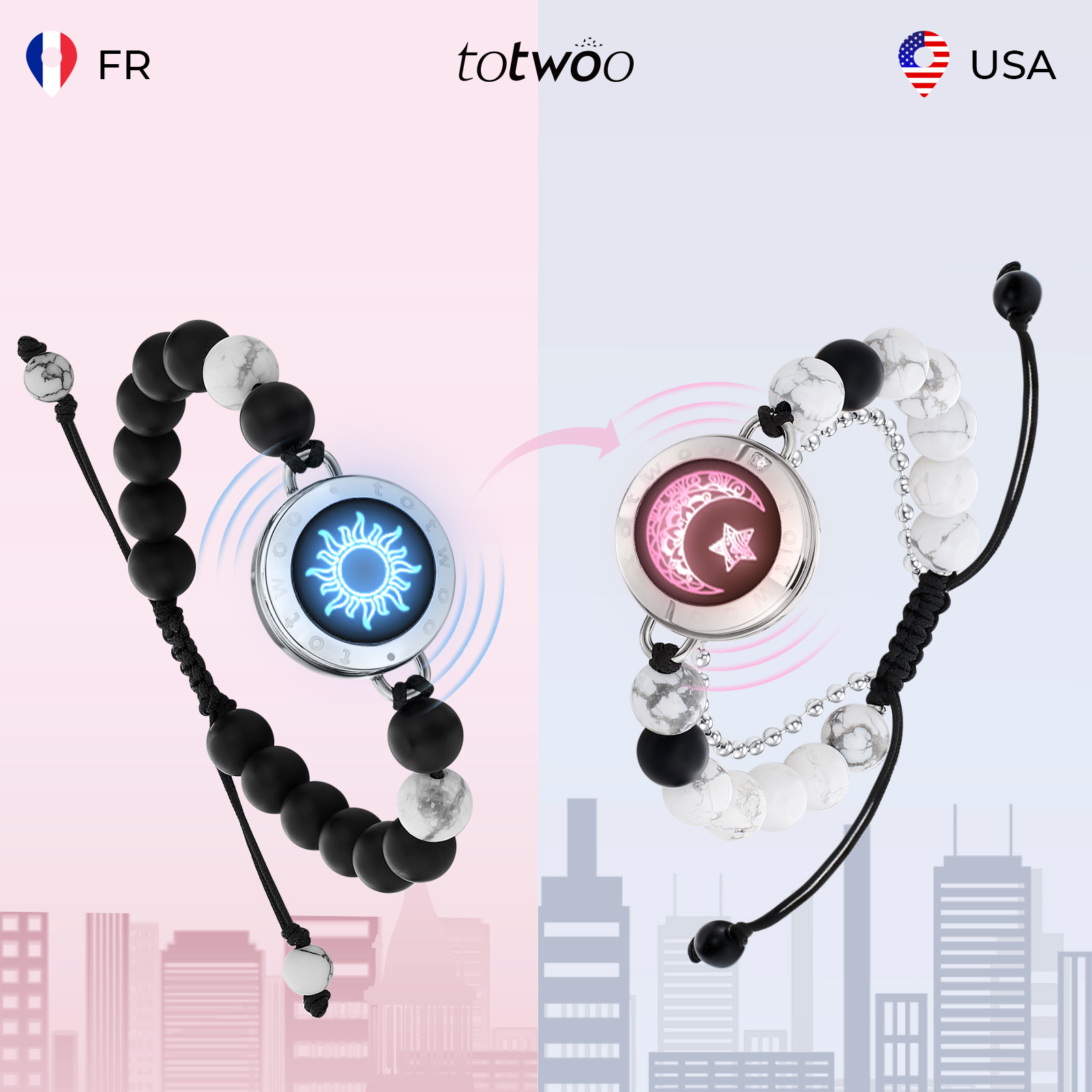 TOTWOO Pulseras táctiles de larga distancia para parejas, regalos con vibración y luz para novia, joyería de emparejamiento Bluetooth