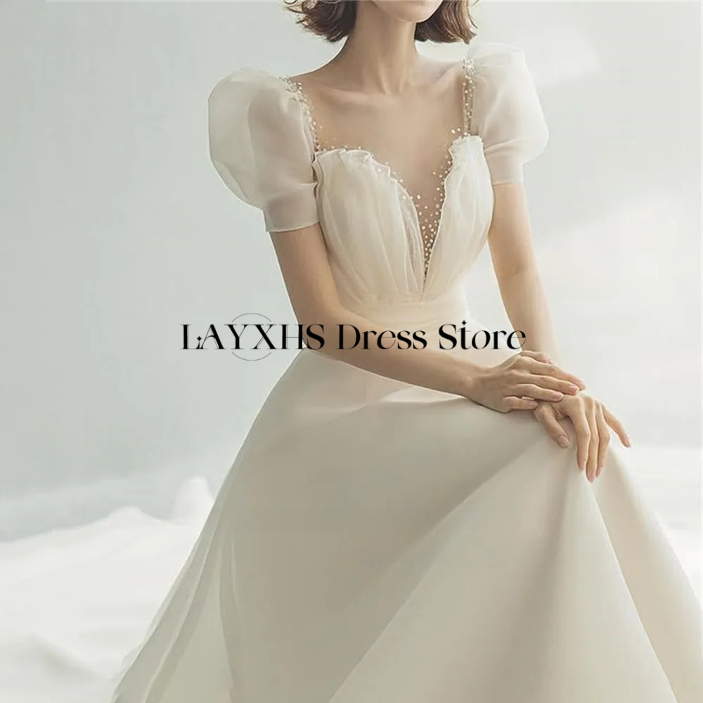 Gaun Pengantin Korea A-Line Melamun Gaun Pengantin Organza Sutra Lengan Puff Pendek Manik-manik Kerah V Gaun Pengantin Pemotretan Disesuaikan