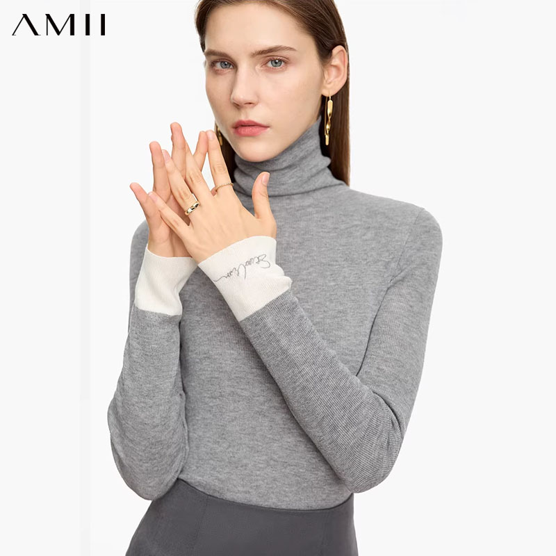 AMII Minimalistischer Rollkragenpullover 2025, modischer Damenpullover, Herbst, warm, schlank, gespleißt, langärmelig, unten, Pullover 12323069