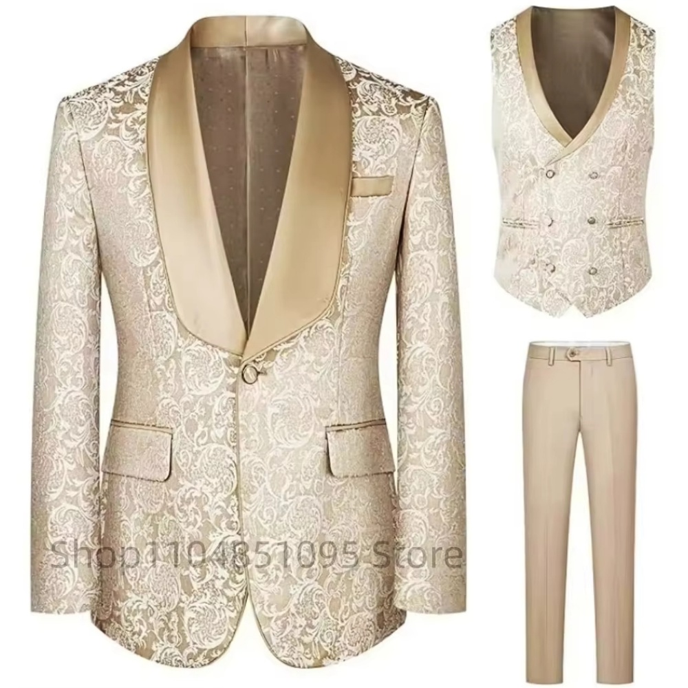 3-Piece Champagne Jacquard Men's Formal Smoking Suit with Xale Lapel Blazer Set for Groom Wedding Best Man Elegant Fitted Tuxedo