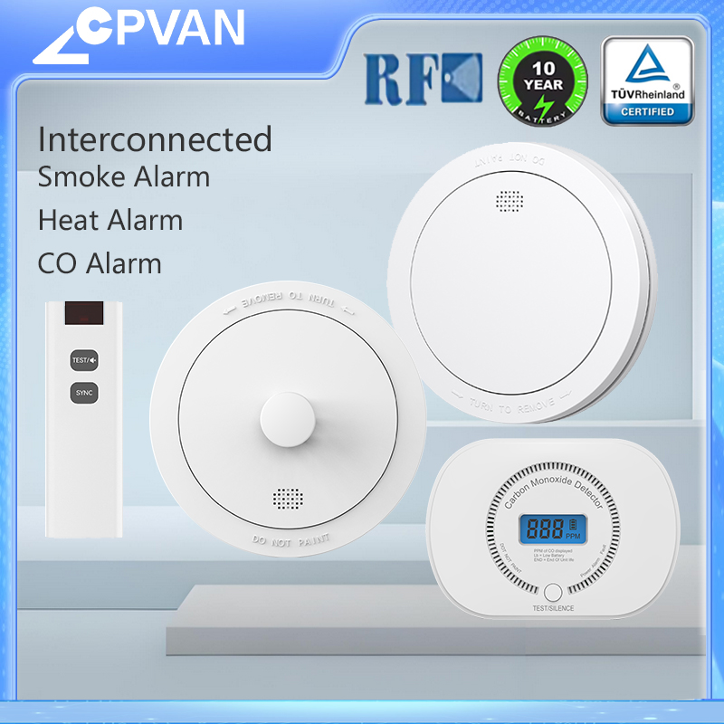 CPVAN Detector infravermelho sem fio de fumaça, calor e monóxido de carbono Proteção contra incêndio Detector de fumaça Combinação de alarme de incêndio doméstico