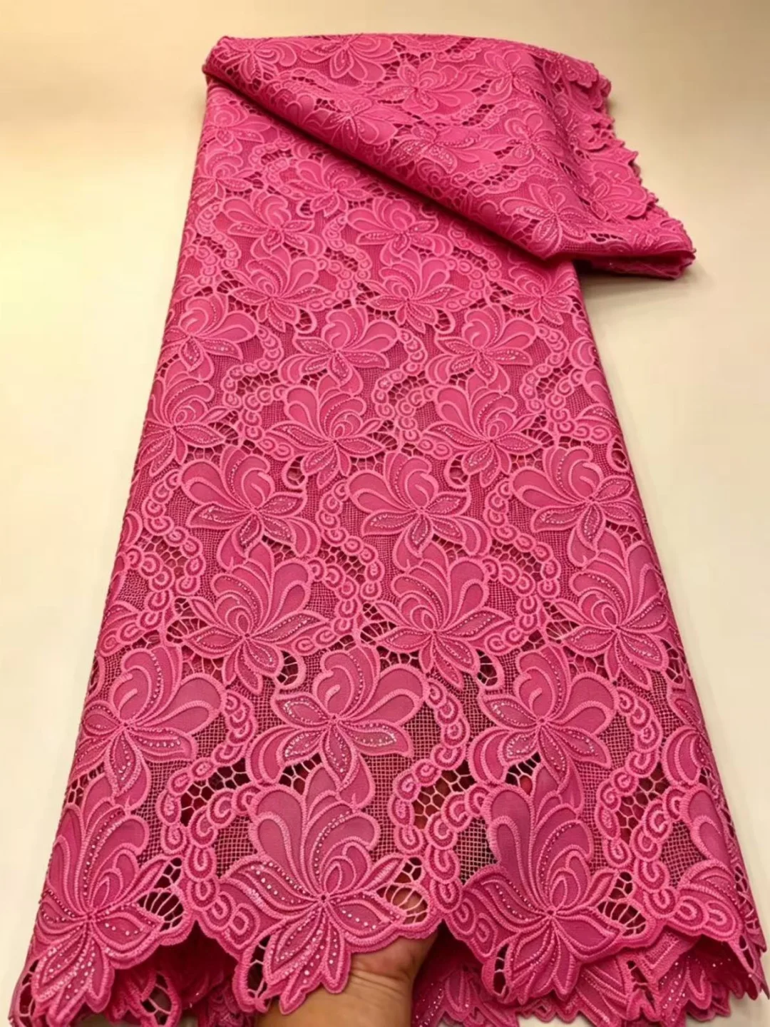 Tecidos de Renda Africana com Cordão 5 Jardas 2026, Renda Guipure Nigeriana de Alta Qualidade com Lantejoulas e Miçangas para Vestidos de Noiva Femininos