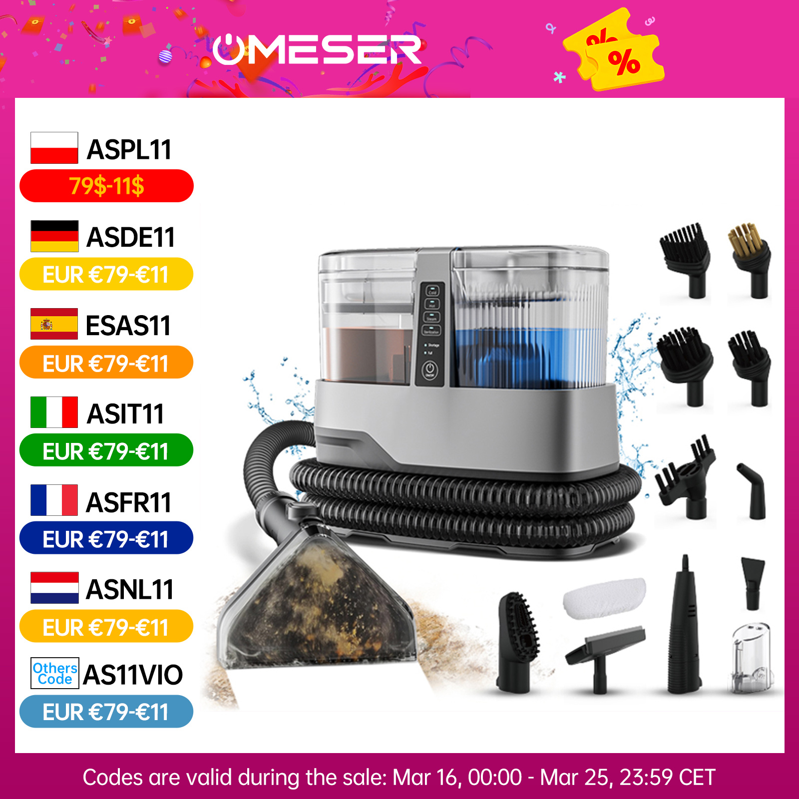 OMESER 1800 W 17 kPa Dampf-Teppichreiniger-Maschine 13 IN 1, tragbares Mehrzweck-Trocken- und Nassreinigungsprodukt für Polster- und Autositz