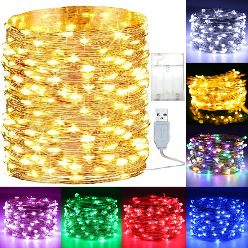 5M 10M étanche USB batterie LED lumières chaîne fil de cuivre fée guirlande lumineuse lampe noël fête de mariage éclairage de vacances
