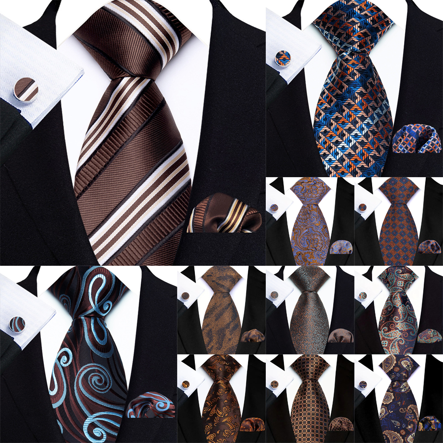 Men's Ties Handkerchief Cufflinks Set Tuxedo Accessories Luxury Brown Stripes Dot Floral Neckties For Party Dinner Wedding