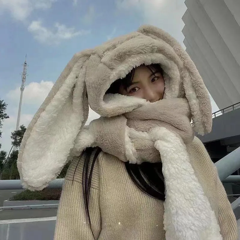 Nowa moda Szalik Kapelusz Rękawiczki Kobiety Śliczne Duże Uszy Królik Beanie Zimowe Ciepłe Miękkie Pogrubiające Kieszenie Ciepłe Czapki na Uszy Czapki z kapturem Skullie Caps