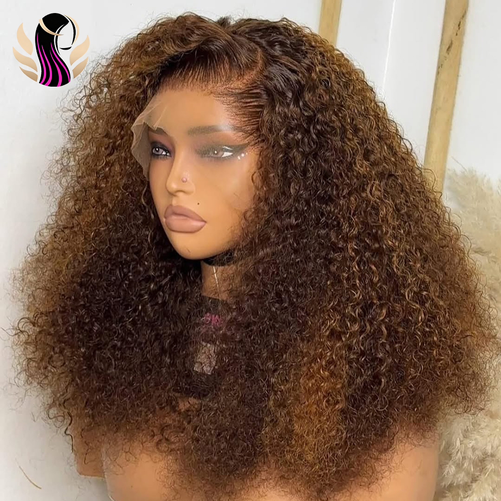 Peluca Bob Rizada de Cabello Humano, 250% de Densidad, con Reflejos, Peluca Bob Corta 13x4 de Cabello Humano 4/27 #   Pelucas Pre-Desenredadas con Encaje Frontal HD, Onduladas y con Efecto Mojado, Color Rubio Miel, Ondas Profundas